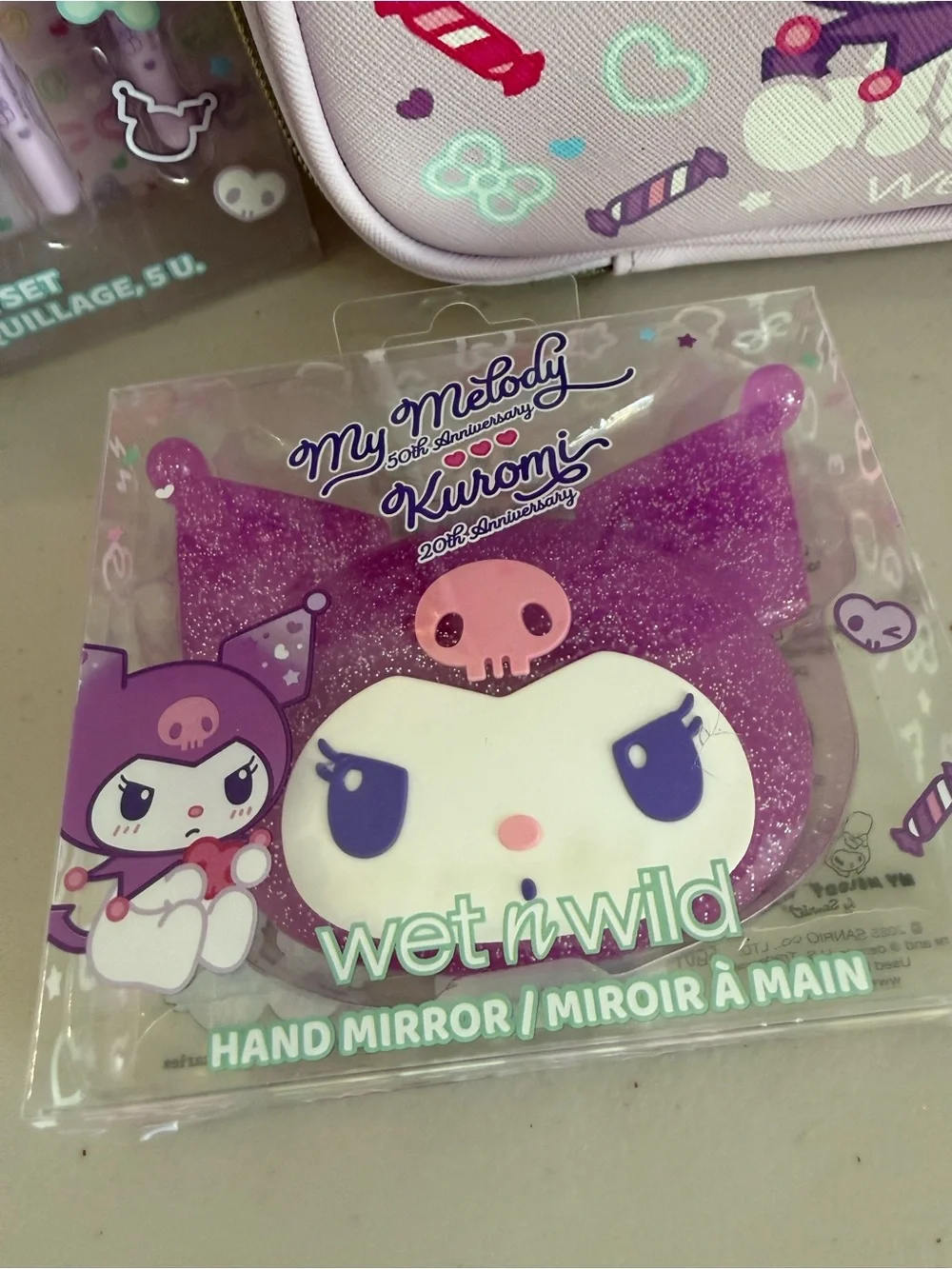 New womens wet n wild My Melody & Kuromi Cosmetic bag, brush set, mirror, lip
